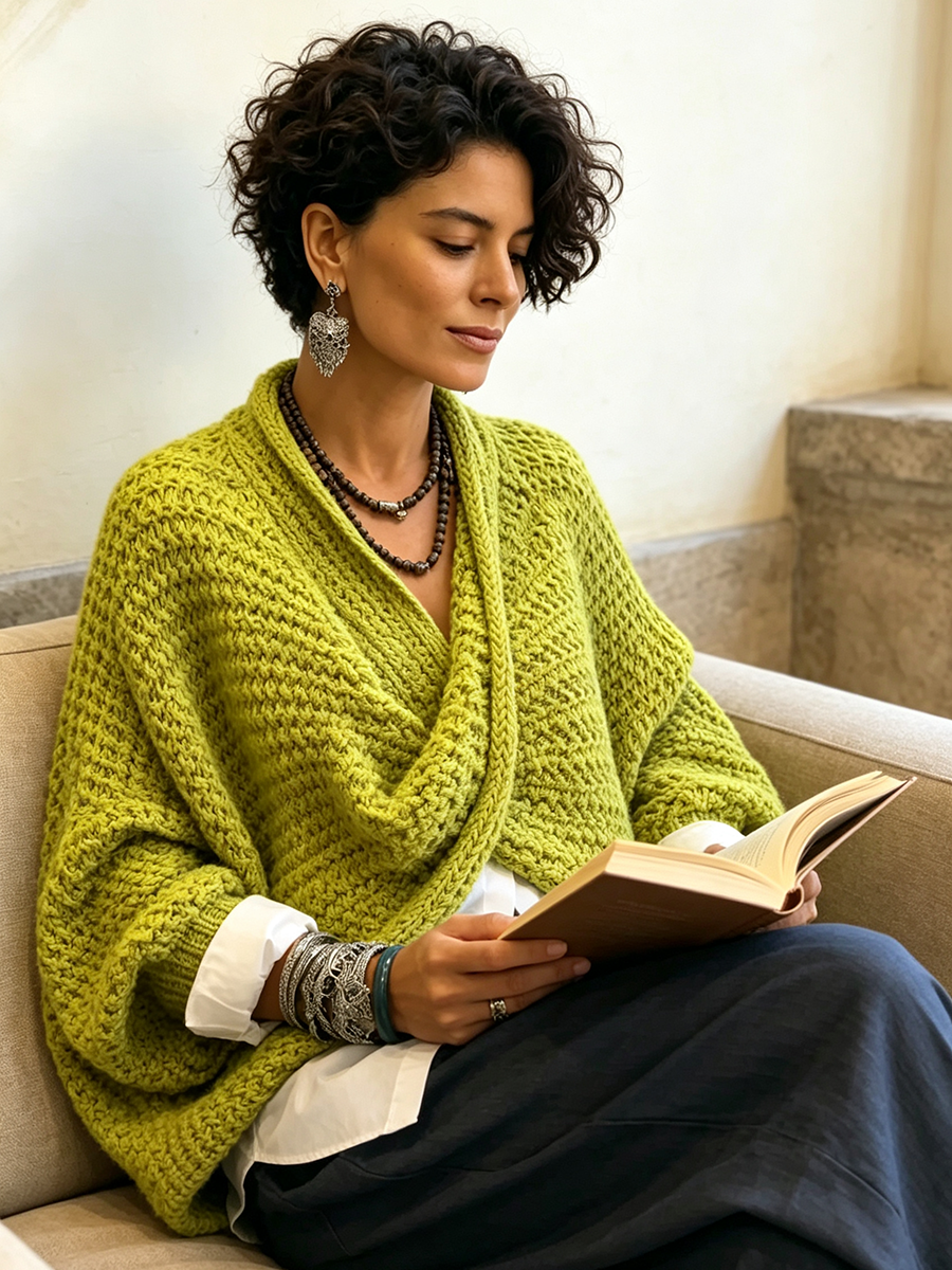 CrossKnit – 🤲⏰ Cozy Relaxed Batwing-Sleeve Crossover V-Neck Sweater