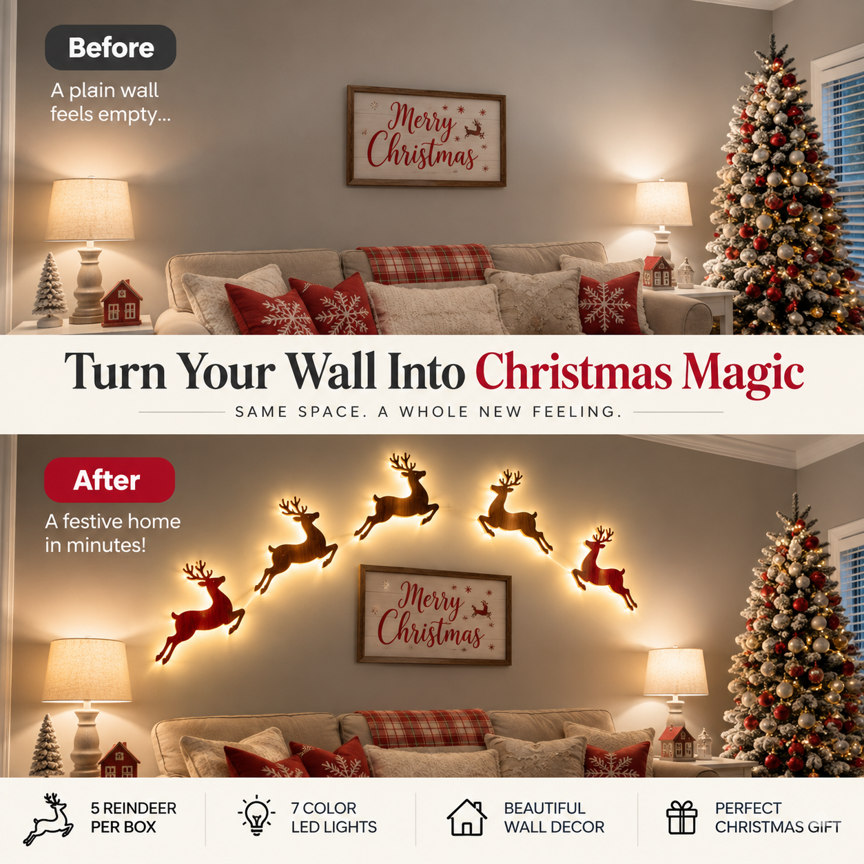 GlowDasher – ✨Christmas Magic Wall Decor✨ 5-Piece Glowing Wooden Reindeer Set