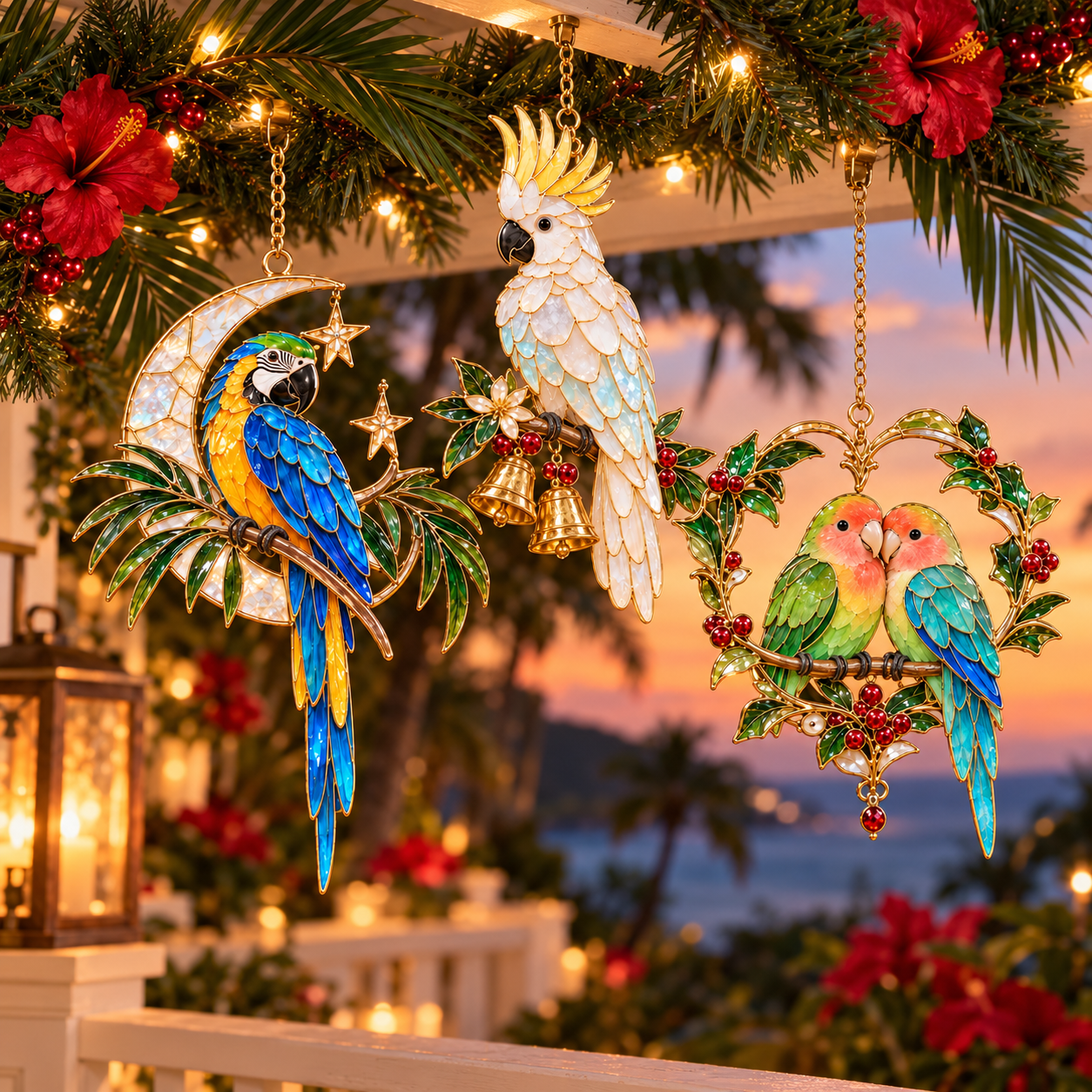 TropicGlow – Vintage Stained Glass-Style Parrot Christmas Ornaments