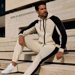 ✨ StrideBlock – Men's Color-Block Zip-Up Hoodie & Sweatpants 2-Piece Set
