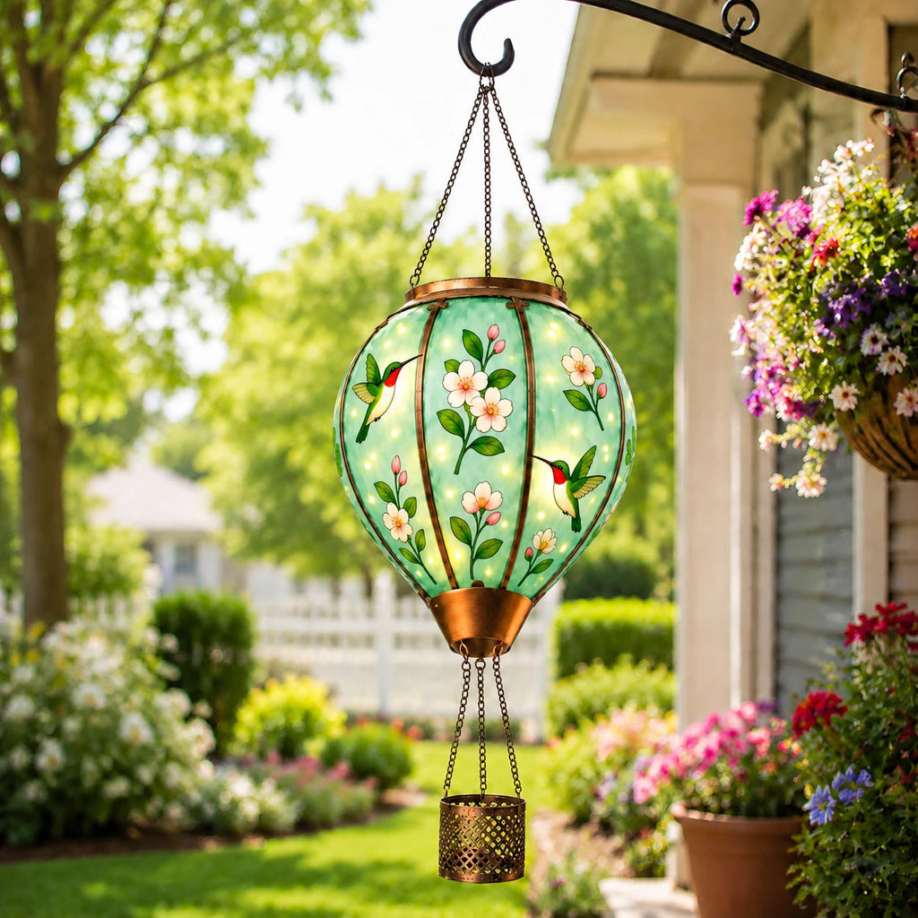 SkyGlow – Hand-Painted Hot Air Balloon Solar Lantern with Flame Effect