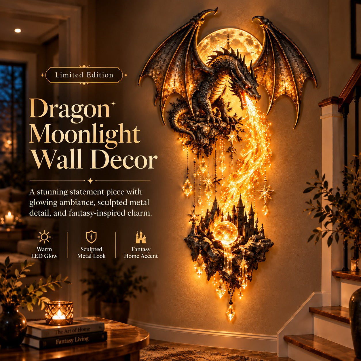 DragonGlow – 🔥 🐉 Dragonfire Moonlight Wall Lamp, Enchanted Fantasy Castle Décor 🌙