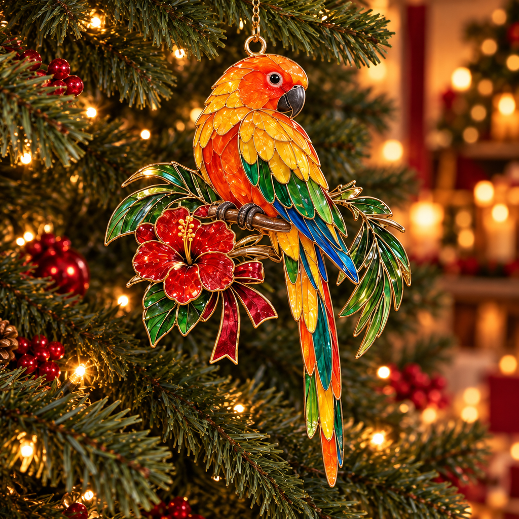 TropicGlow – Vintage Stained Glass-Style Parrot Christmas Ornaments