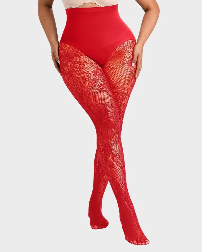 LaceSculpt – High-Waisted Floral Lace Shaping Tights