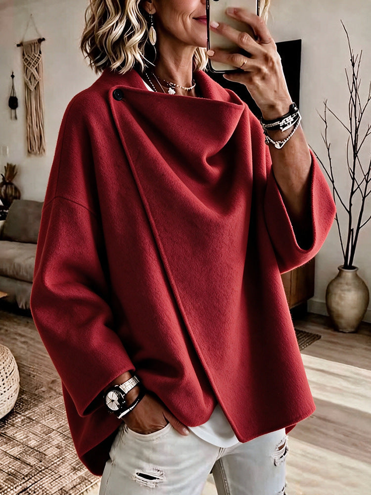 CowlDrape – 🤲⏰ Women's Asymmetrical Button Wrap Collar Poncho Sweater