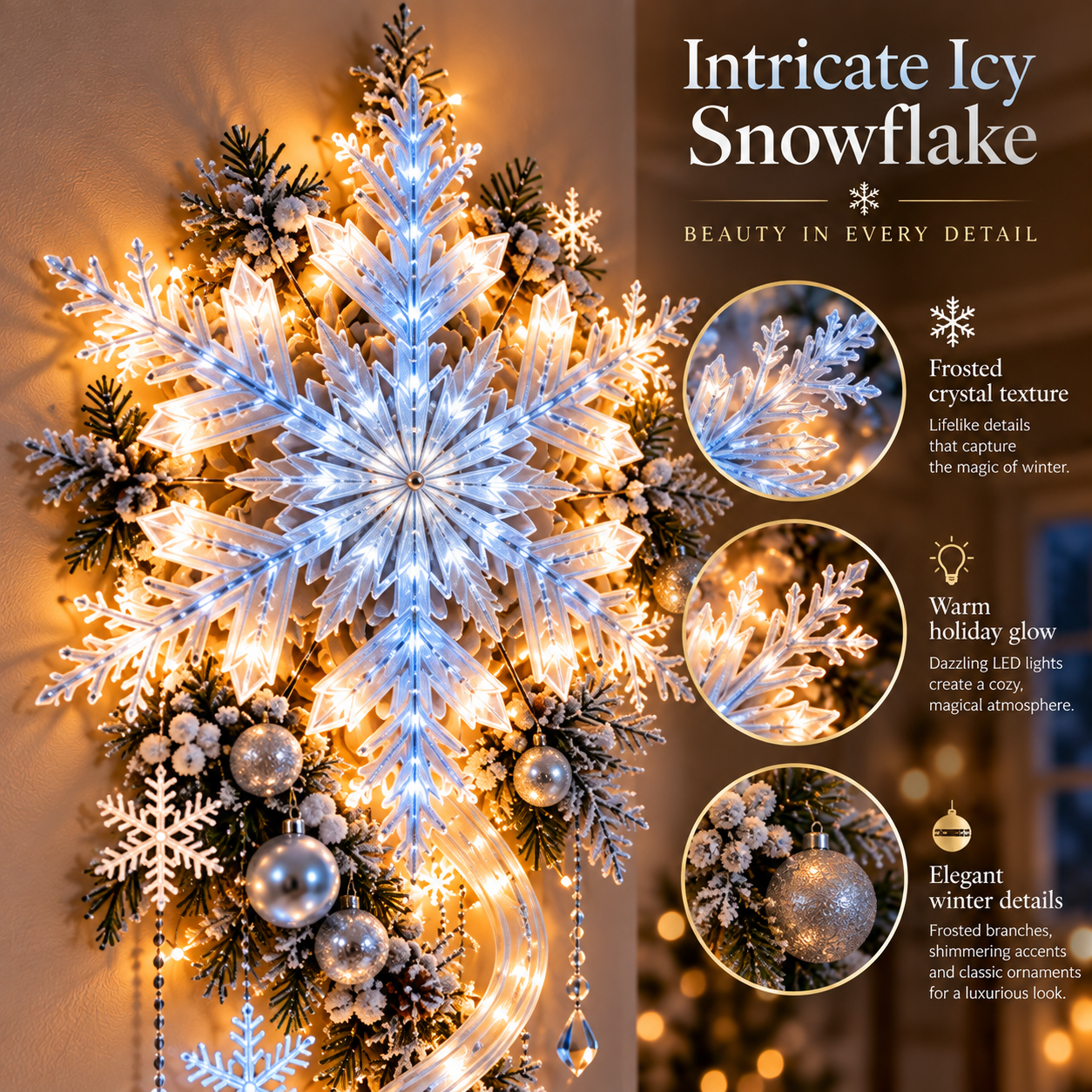 FrostCascade – 🔥🔥❄️ Giant Snowflake Blizzard Trail Christmas Wall Light