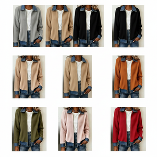 DenimRib – 🎁🔥 Women's Casual Ribbed Knit Zip-Up Jacket with Contrast Denim Details