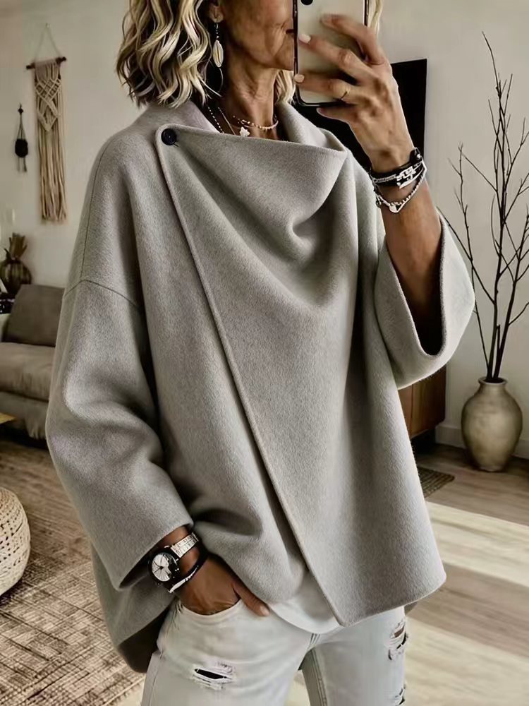 CowlDrape – 🤲⏰ Women's Asymmetrical Button Wrap Collar Poncho Sweater
