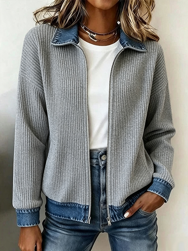 DenimRib – 🎁🔥 Women's Casual Ribbed Knit Zip-Up Jacket with Contrast Denim Details