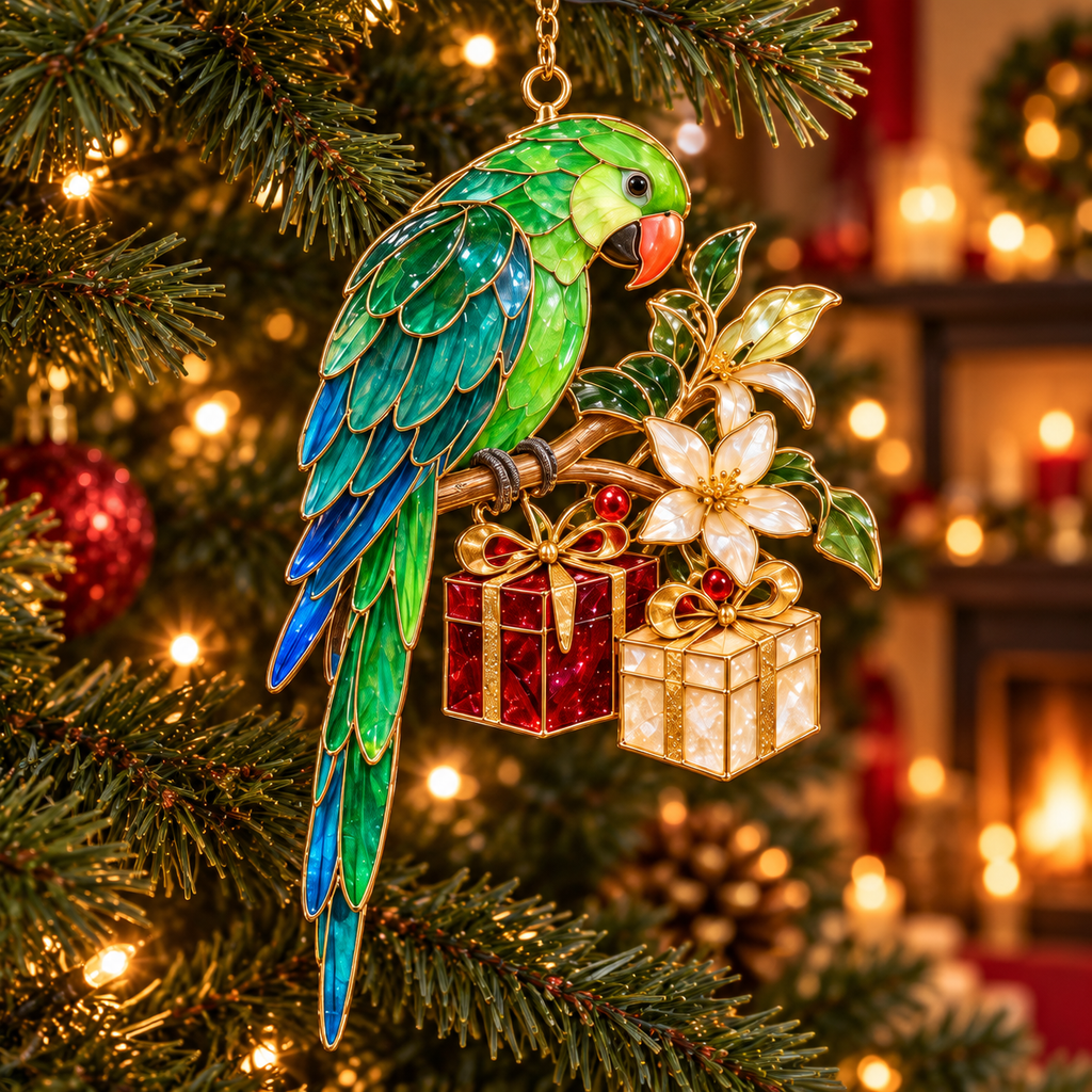 TropicGlow – Vintage Stained Glass-Style Parrot Christmas Ornaments