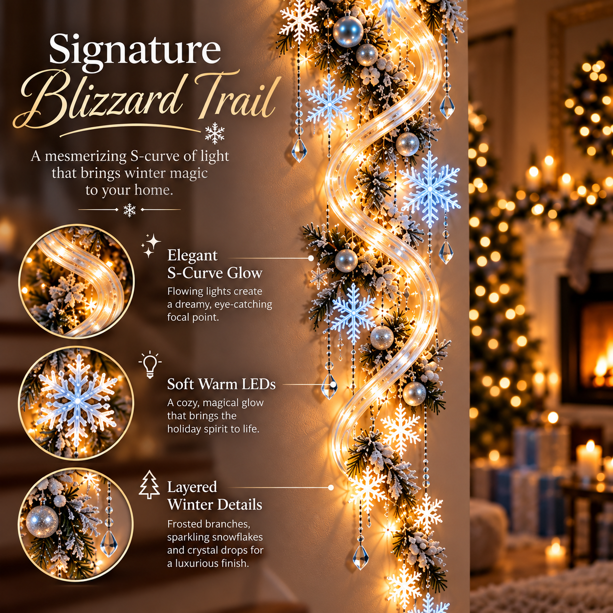 FrostCascade – 🔥🔥❄️ Giant Snowflake Blizzard Trail Christmas Wall Light