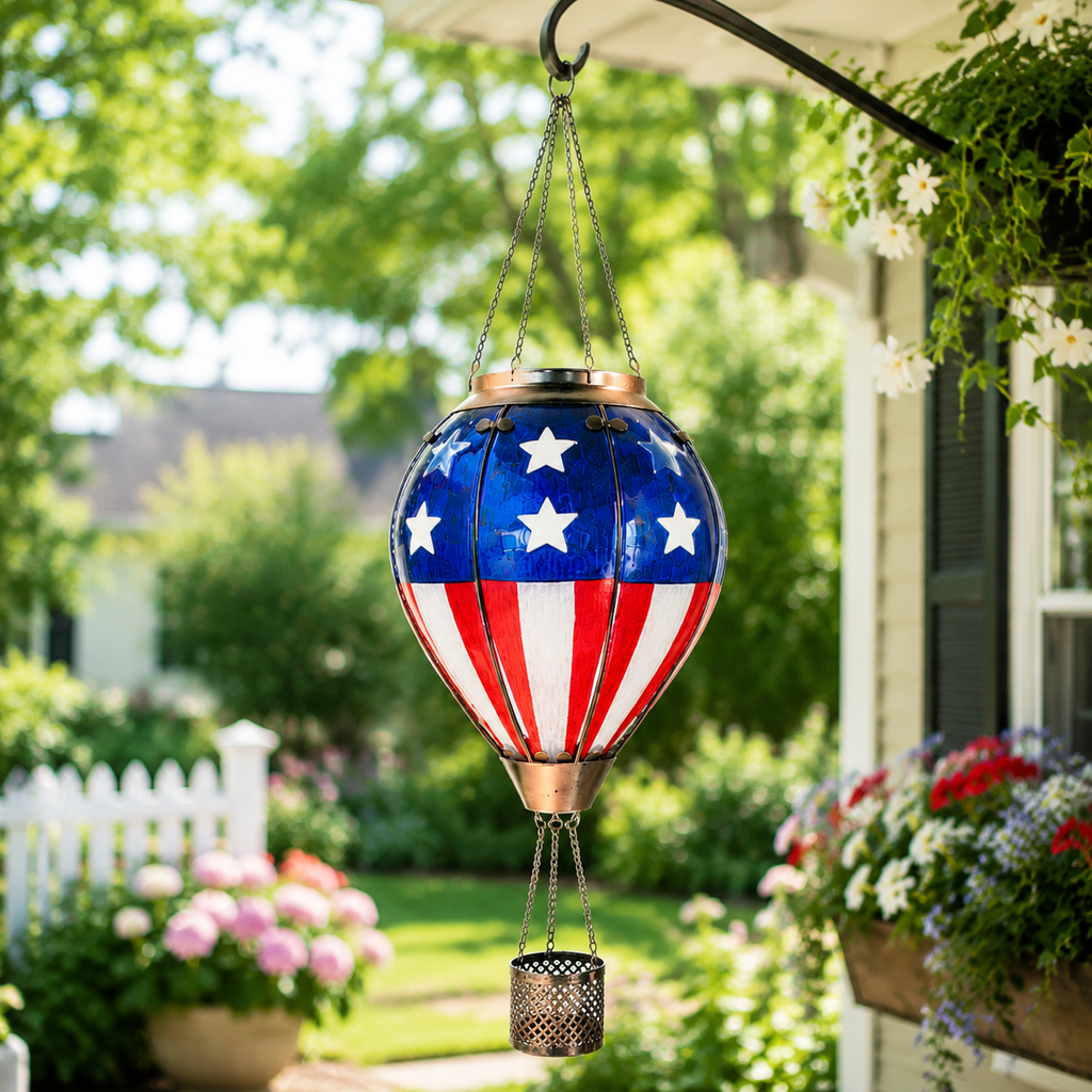 SkyGlow – Hand-Painted Hot Air Balloon Solar Lantern with Flame Effect
