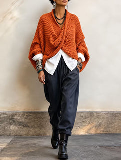 CrossKnit – 🤲⏰ Cozy Relaxed Batwing-Sleeve Crossover V-Neck Sweater