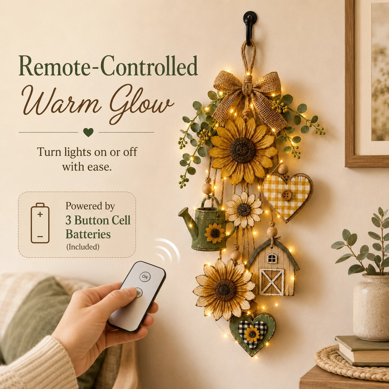 🌻SunnyHearth – Rustic Wooden Garden-Themed Hanging Ornament with Remote Control Fairy Lights