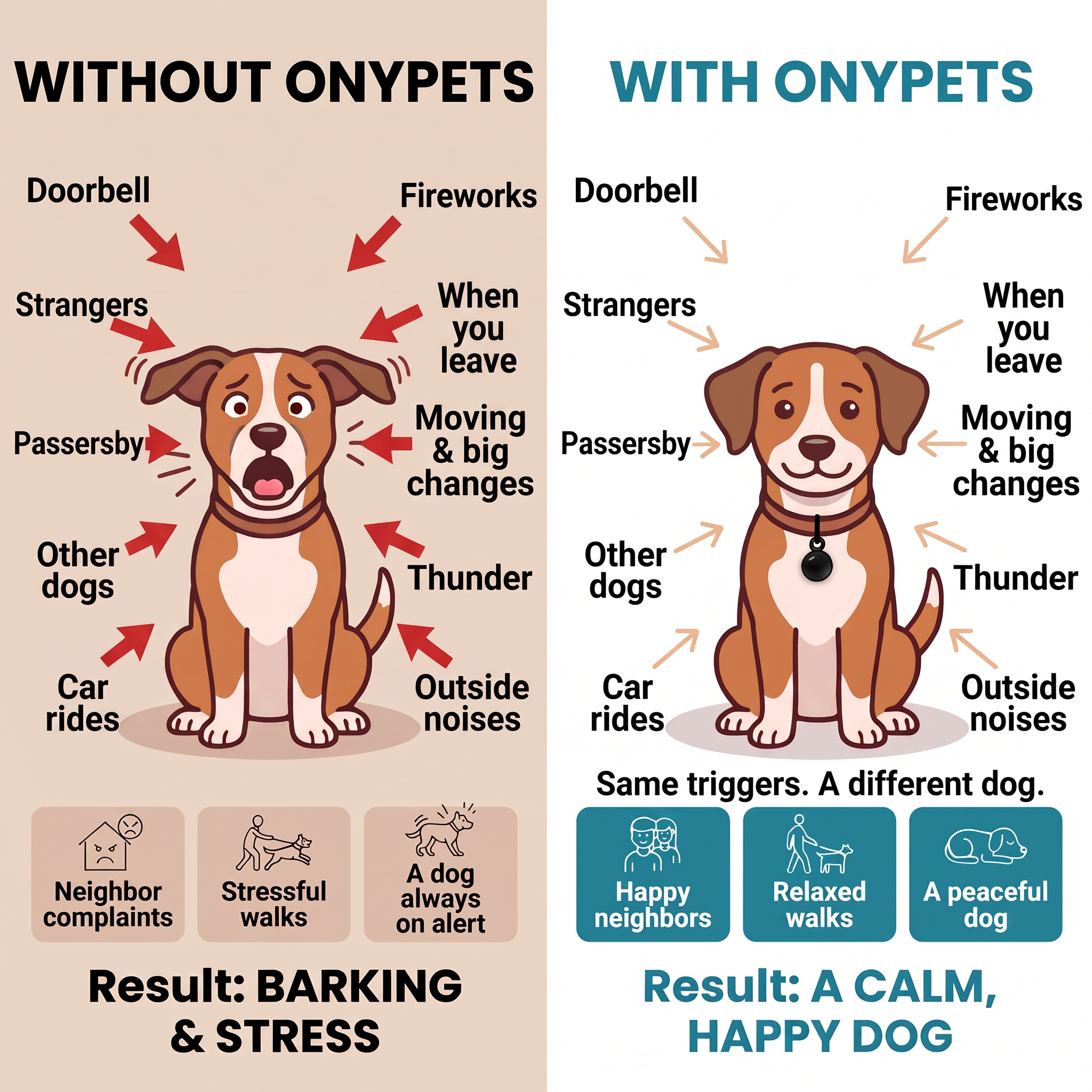 Without ONYPETS vs with ONYPETS: same triggers, a different dog