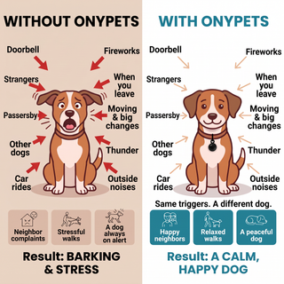 Without ONYPETS vs with ONYPETS: same triggers, a different dog
