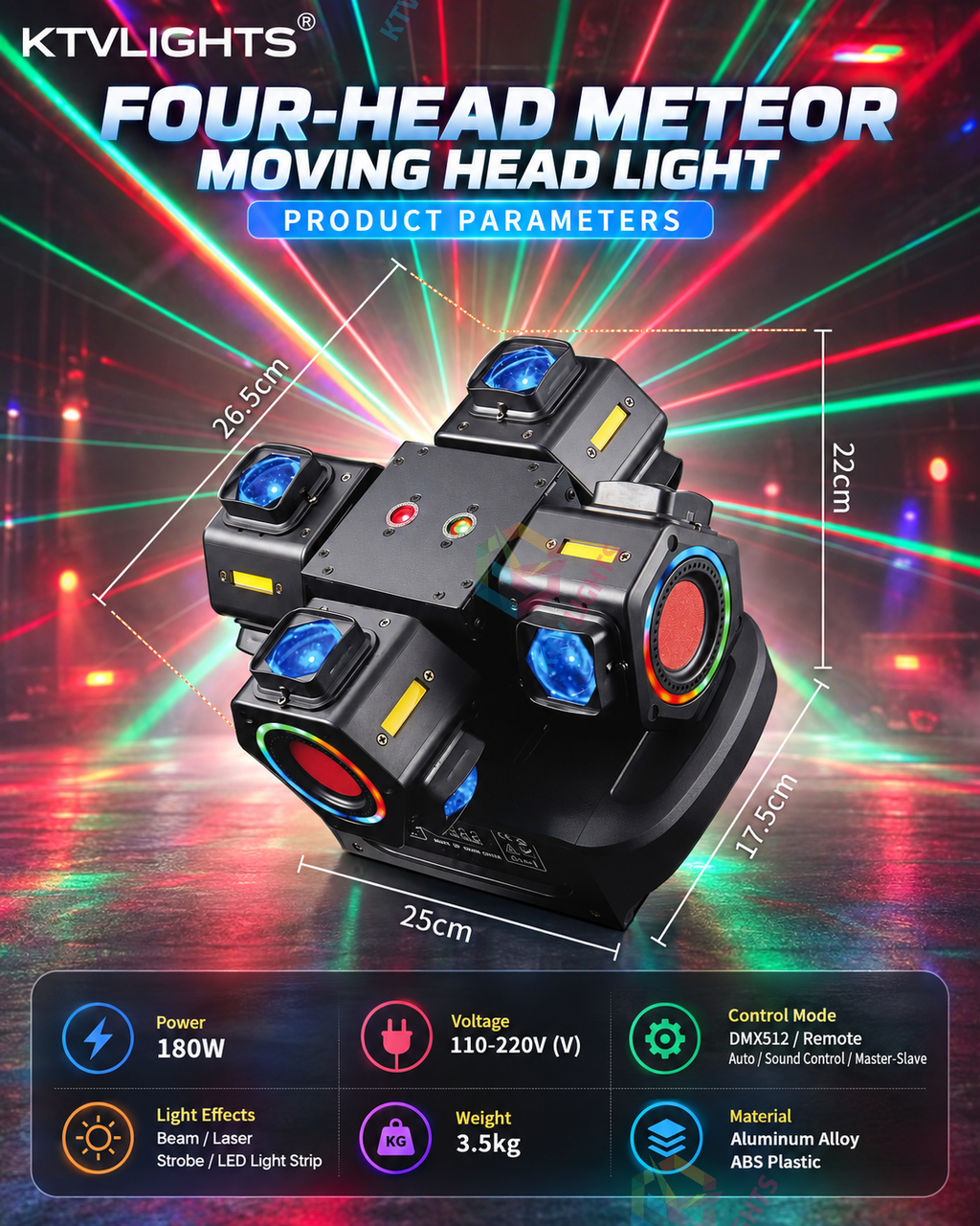 MeteorBeam – 180W 4-Arm Moving Head Laser Beam DJ Stage Light