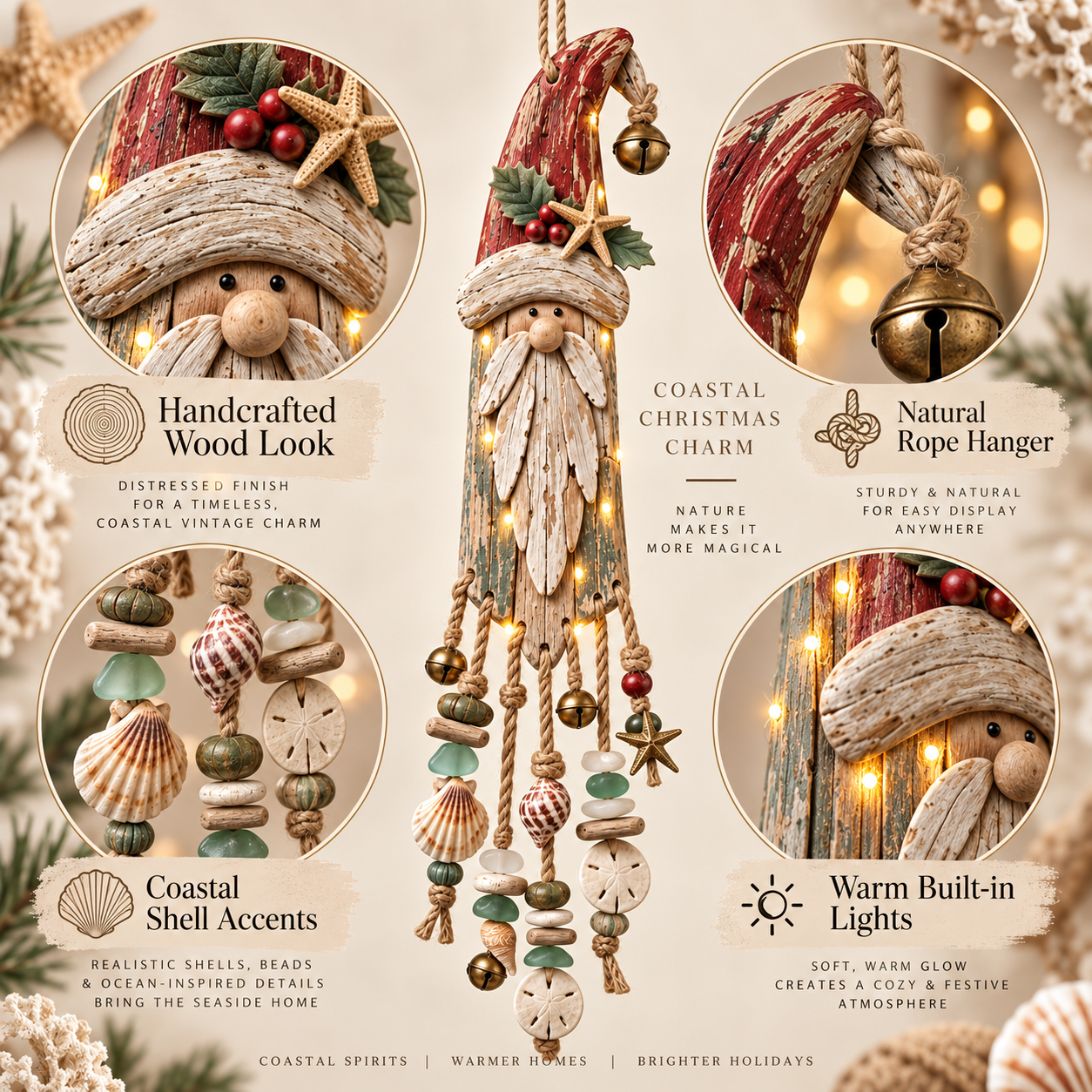 Vintage Coastal Santa Lighted Wall Decor – Beach House Christmas Hanging with Starfish, Shells & Warm Glow