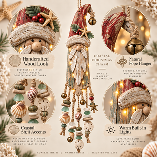 Vintage Coastal Santa Lighted Wall Decor – Beach House Christmas Hanging with Starfish, Shells & Warm Glow