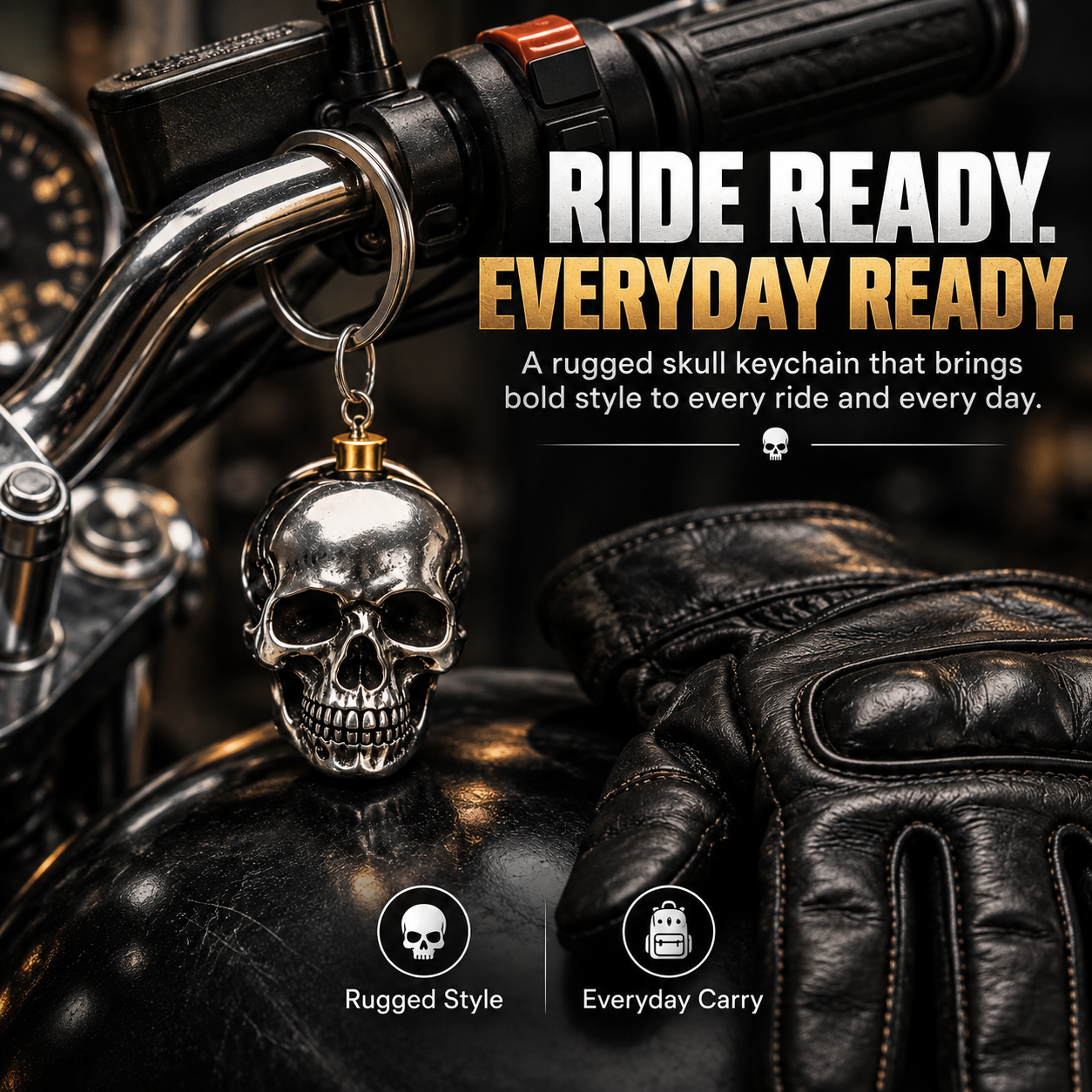 🔑SkullForge – 3D Steel Skull Keychain, Gothic Biker EDC Key Ring