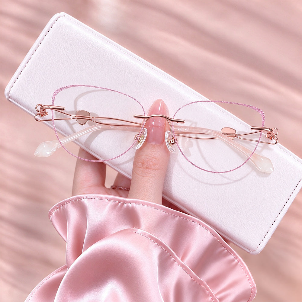 GlitterGleam – Pink Rimless Geometric Eyeglasses