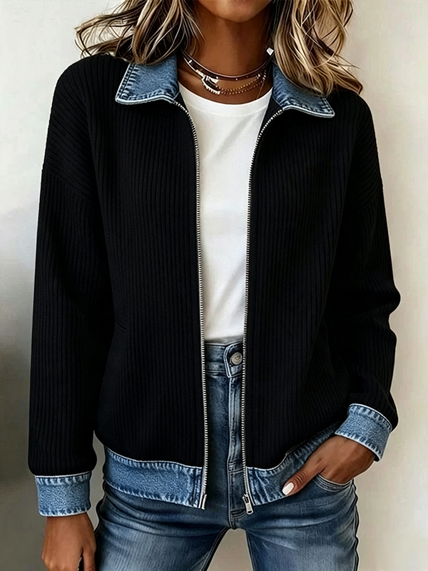 DenimRib – 🎁🔥 Women's Casual Ribbed Knit Zip-Up Jacket with Contrast Denim Details