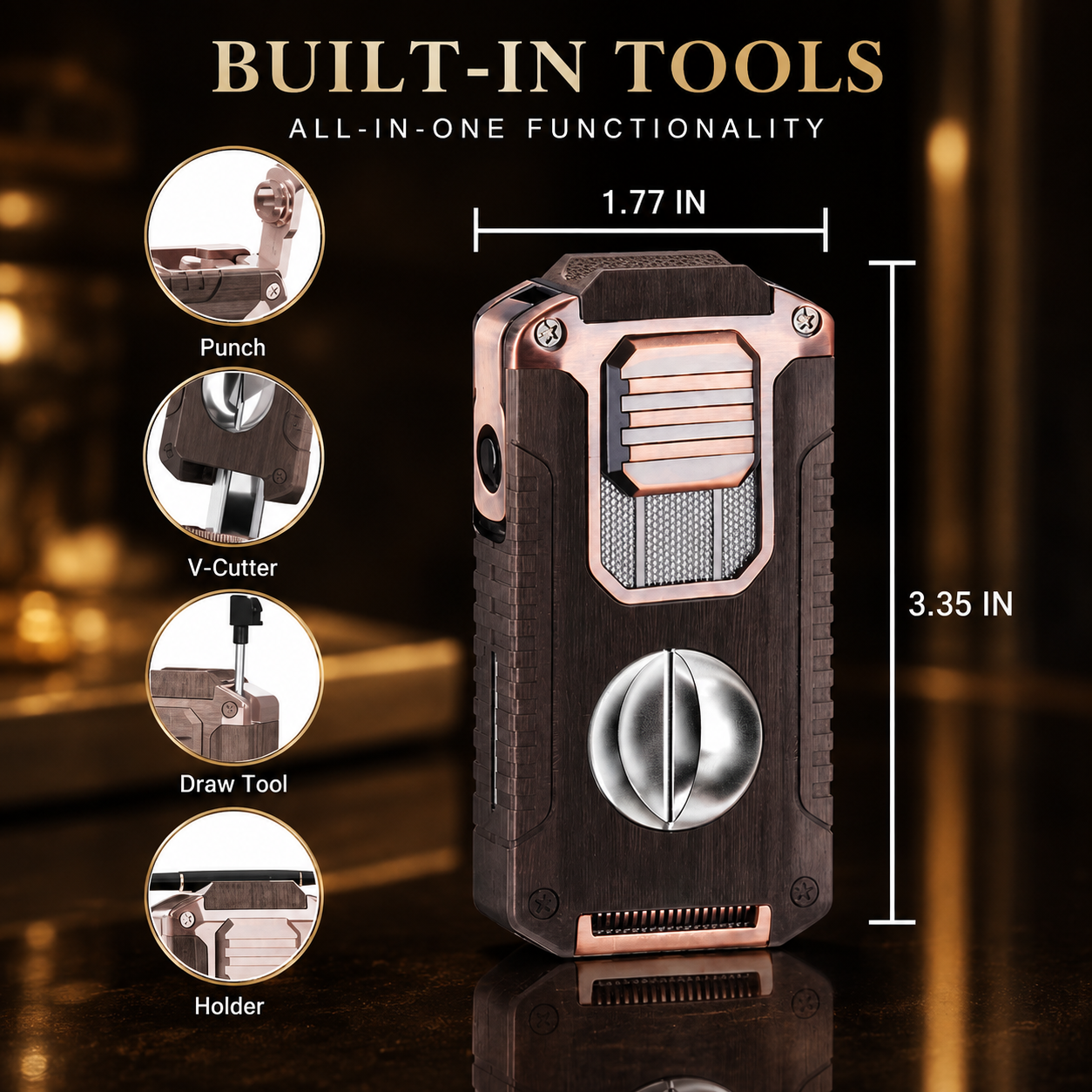 TriFlame – Vintage-Inspired Refillable Triple Torch Lighter with Built-In Tools