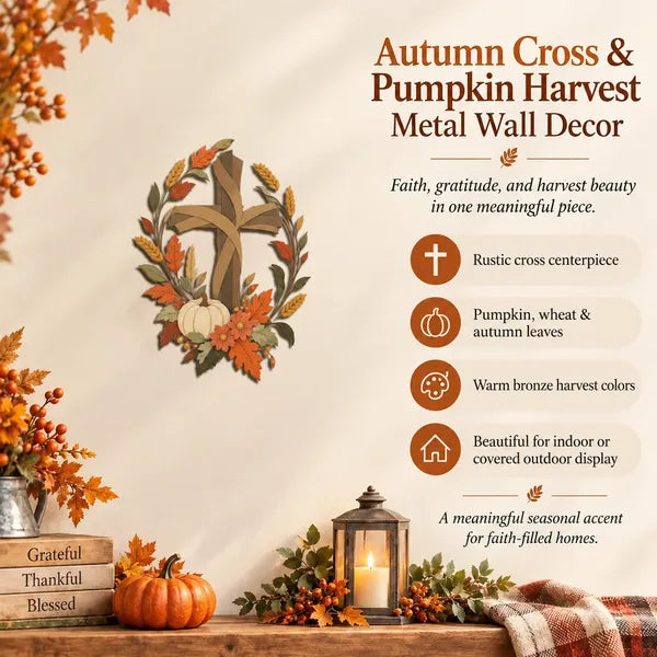 ✝️🍂 Autumn Cross & Pumpkin Harvest Metal Wall Decor