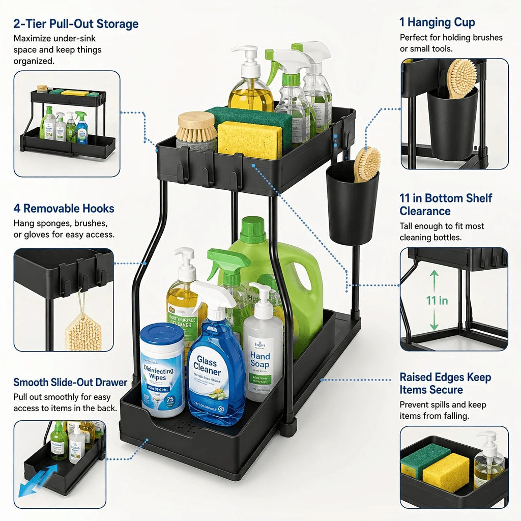 TidyTier – 2-Pack Pull-Out Under-Sink Organizers, 2-Tier Sliding Cabinet Shelves With Hanging Cups