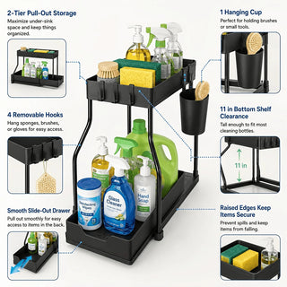 TidyTier – 2-Pack Pull-Out Under-Sink Organizers, 2-Tier Sliding Cabinet Shelves With Hanging Cups
