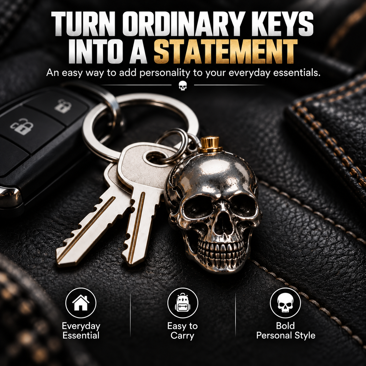 🔑SkullForge – 3D Steel Skull Keychain, Gothic Biker EDC Key Ring