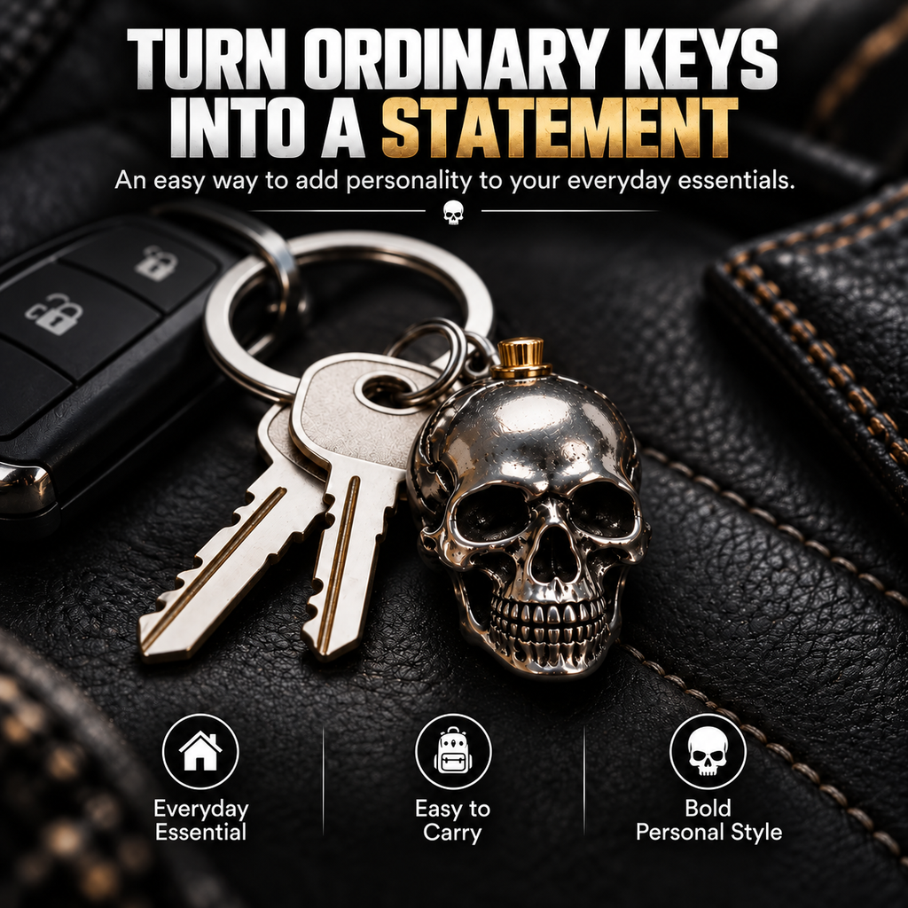 🔑SkullForge – 3D Steel Skull Keychain, Gothic Biker EDC Key Ring