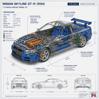 LegendForge – 1:12 Scale Skyline GT-R R34 Model Building Kit, 537 Parts