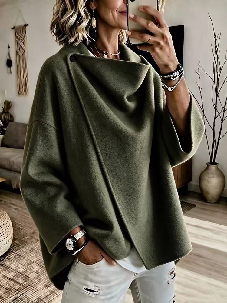 CowlDrape – 🤲⏰ Women's Asymmetrical Button Wrap Collar Poncho Sweater