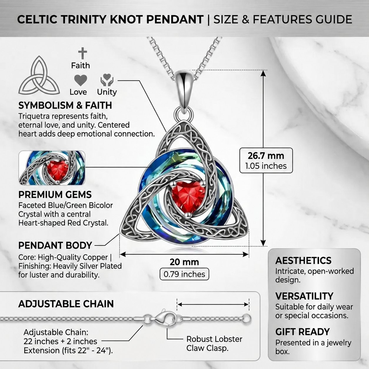 TrinityHeart – Celtic Birthstone Trinity Knot Necklace, a Symbol of Faith, Love & Forever