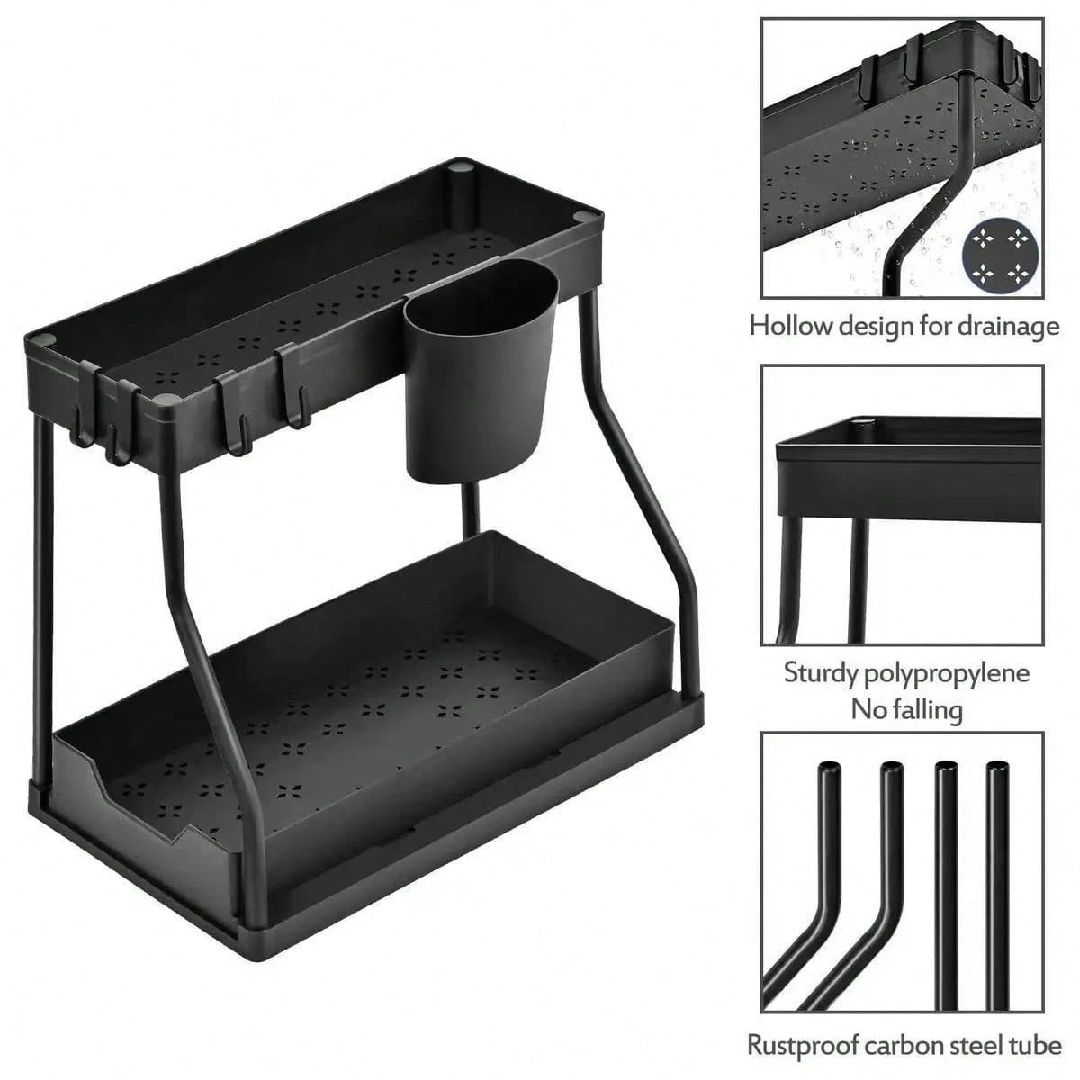TidyTier – 2-Pack Pull-Out Under-Sink Organizers, 2-Tier Sliding Cabinet Shelves With Hanging Cups