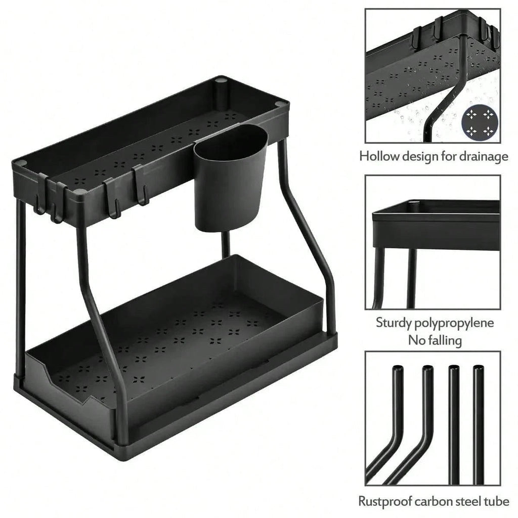 TidyTier – 2-Pack Pull-Out Under-Sink Organizers, 2-Tier Sliding Cabinet Shelves With Hanging Cups