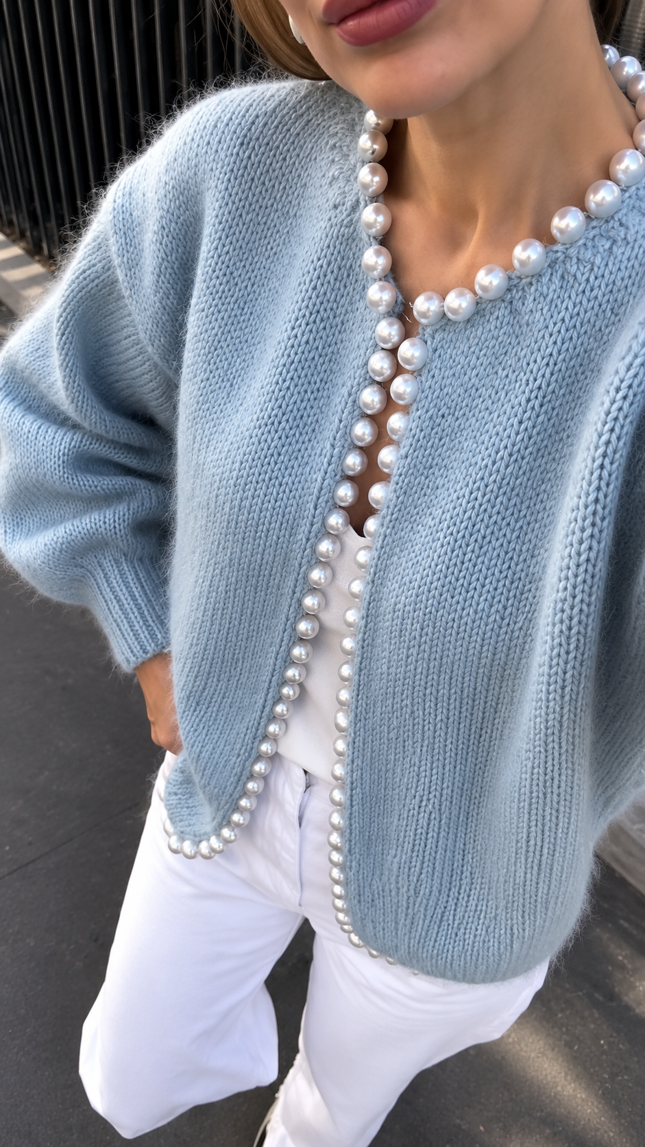 PearlMist – Pearl-Trim Open-Front Knit Cardigan