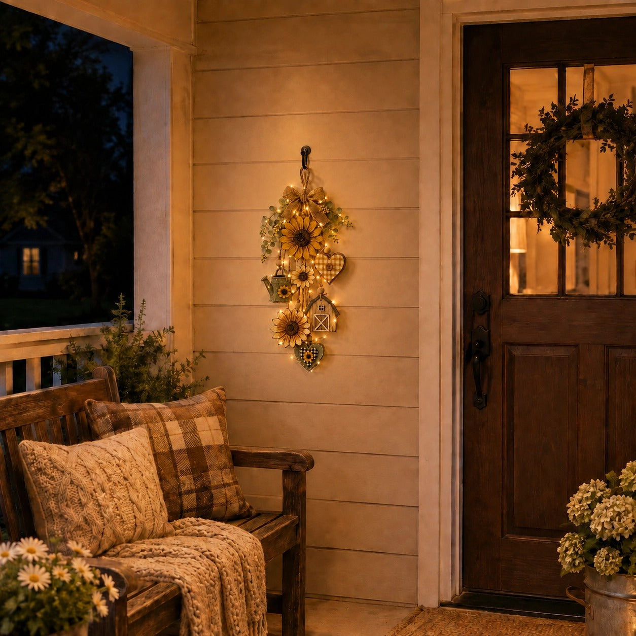 🌻SunnyHearth – Rustic Wooden Garden-Themed Hanging Ornament with Remote Control Fairy Lights