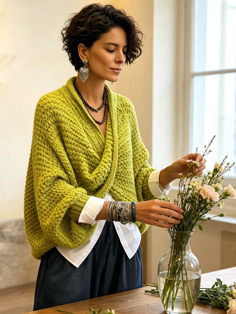 CrossKnit – 🤲⏰ Cozy Relaxed Batwing-Sleeve Crossover V-Neck Sweater