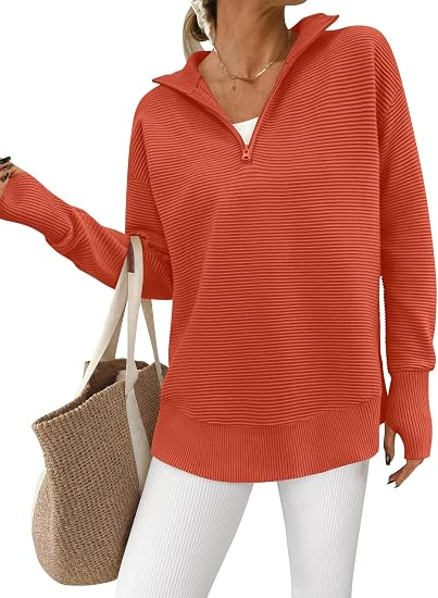 RibLoom – Women's Ribbed Half-Zip Tunic Sweater, Relaxed Fit Long Sleeve Pullover