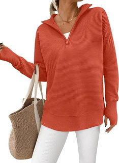 RibLoom – Women's Ribbed Half-Zip Tunic Sweater, Relaxed Fit Long Sleeve Pullover