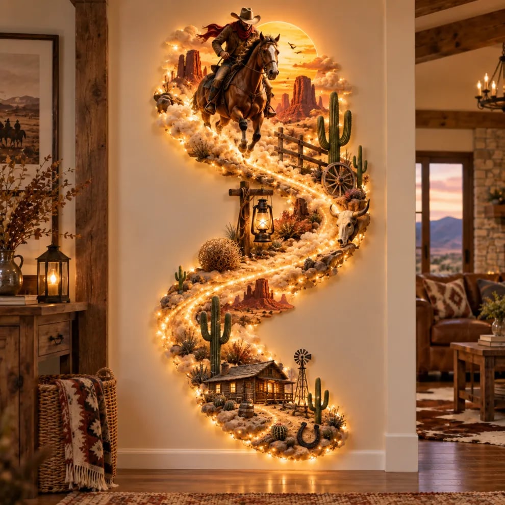 🤠 TrailGlow – Western Cowboy LED Wall Decor, Lighted Wild West Desert Scene with Horseback Rider, Cactus & Ranch Details