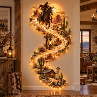 🤠 TrailGlow – Western Cowboy LED Wall Decor, Lighted Wild West Desert Scene with Horseback Rider, Cactus & Ranch Details