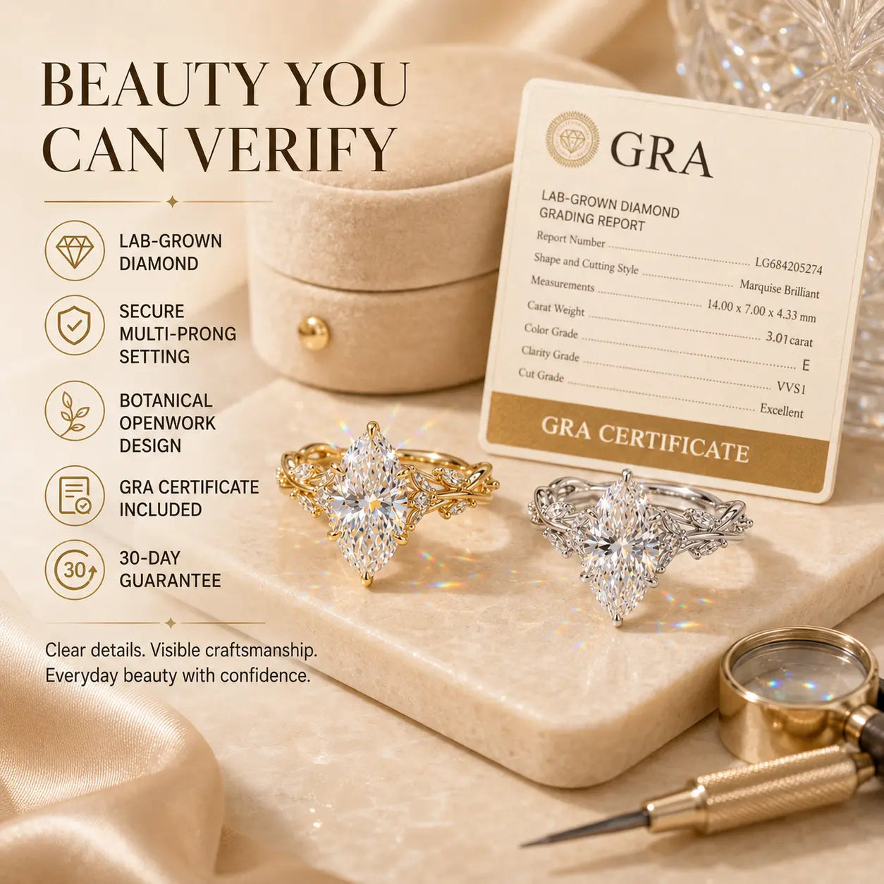EverwildMarquise – 🔥 Lab-Grown Diamond Vine Ring in Gold or Silver