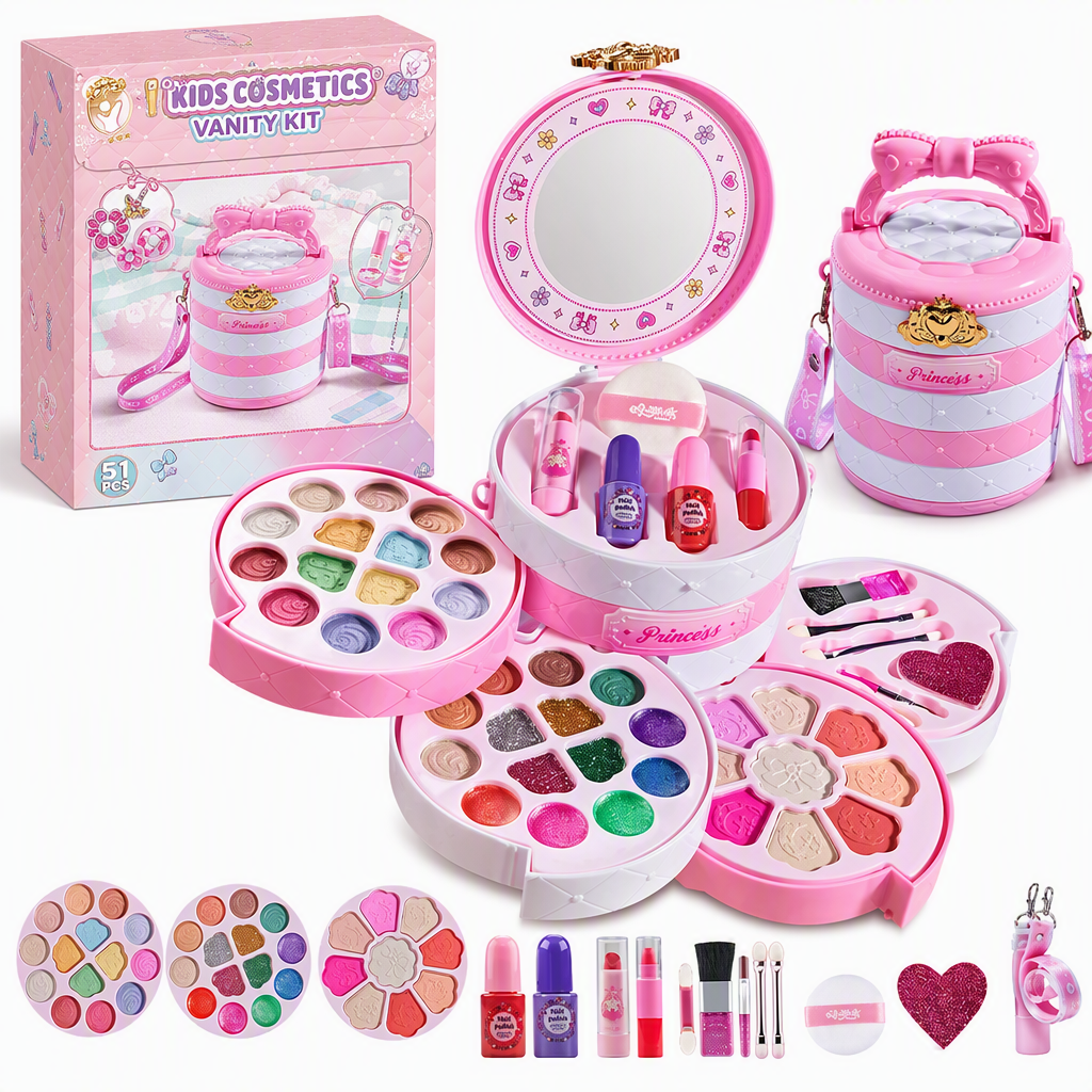 PrincessGlow – Washable Kids' Makeup Set with Revolving Trays & Portable Case 🎀