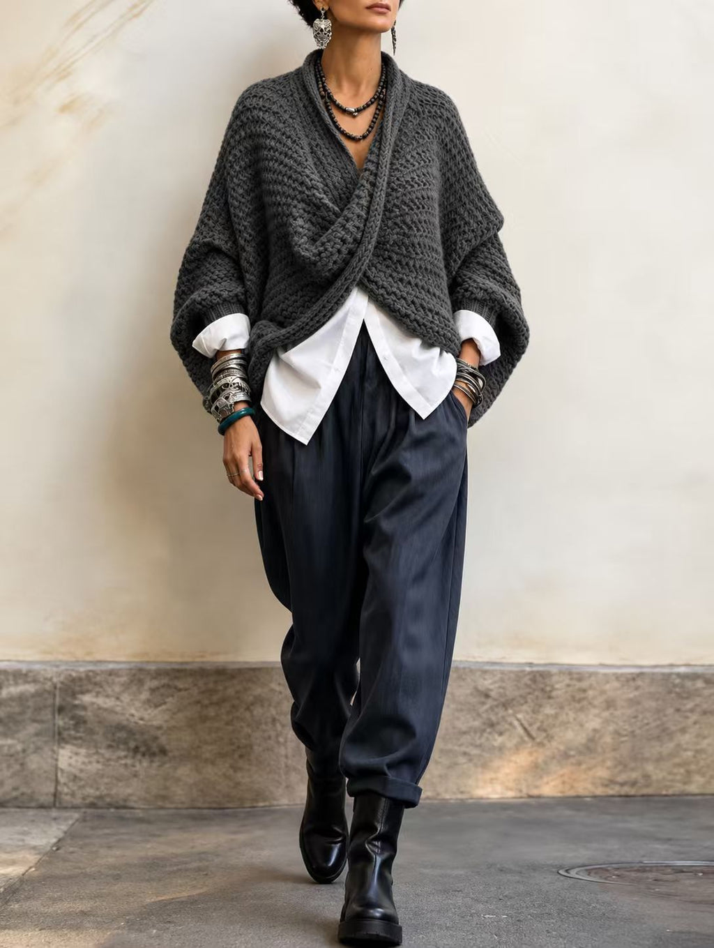 CrossKnit – 🤲⏰ Cozy Relaxed Batwing-Sleeve Crossover V-Neck Sweater
