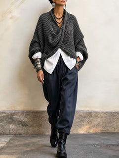 CrossKnit – 🤲⏰ Cozy Relaxed Batwing-Sleeve Crossover V-Neck Sweater