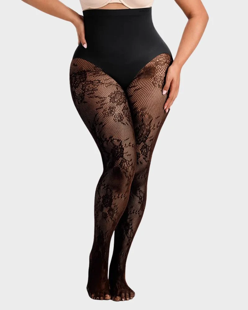 LaceSculpt – High-Waisted Floral Lace Shaping Tights