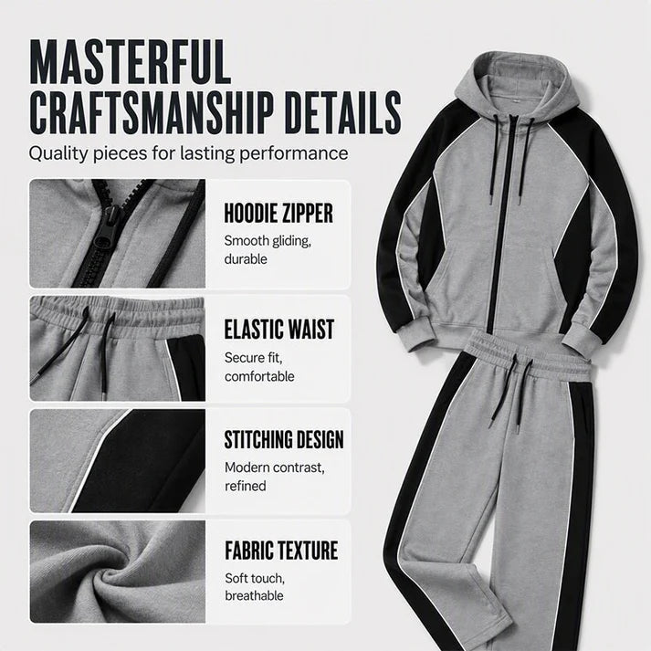 ✨ StrideBlock – Men's Color-Block Zip-Up Hoodie & Sweatpants 2-Piece Set
